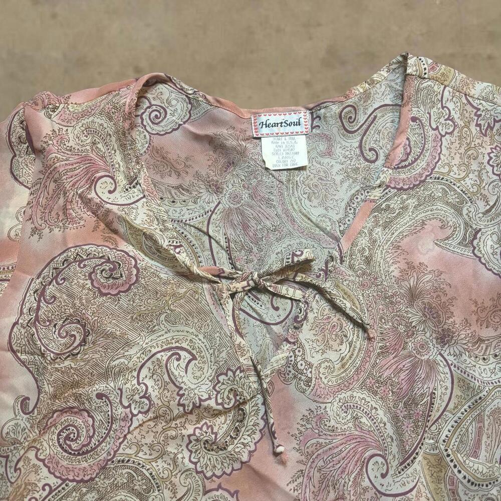 vtg y2k cottage fairy paisley blouse heartsoul sz large pink cream - Picture 7 of 9